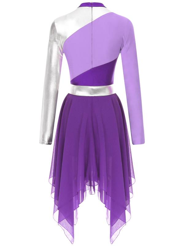 Women Color Block Long Sleeve High Low Praise Dance Dress(no white underdress) thumb