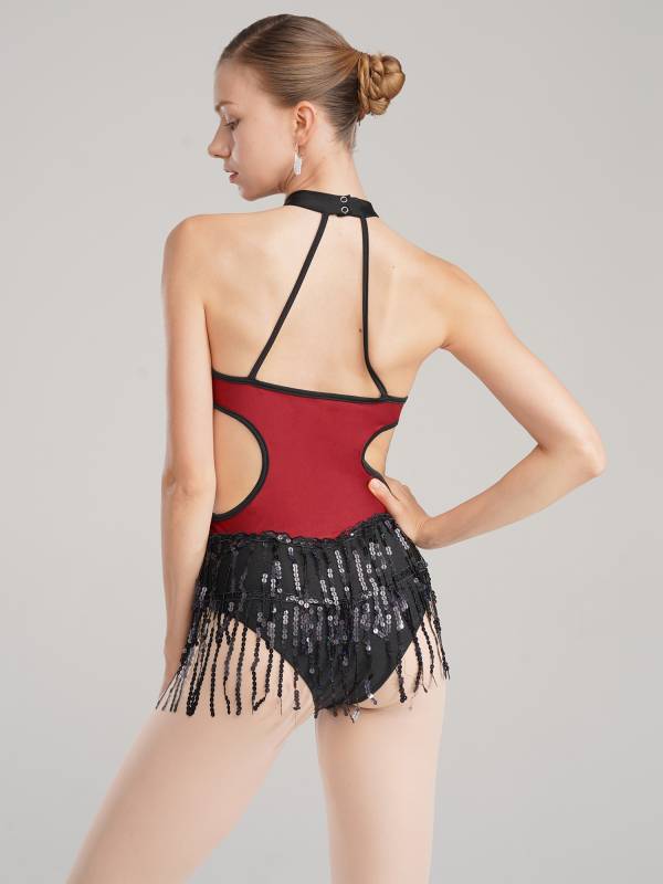 Women Sparkling Sequin Color Block Tassel Latin Dance Leotard thumb