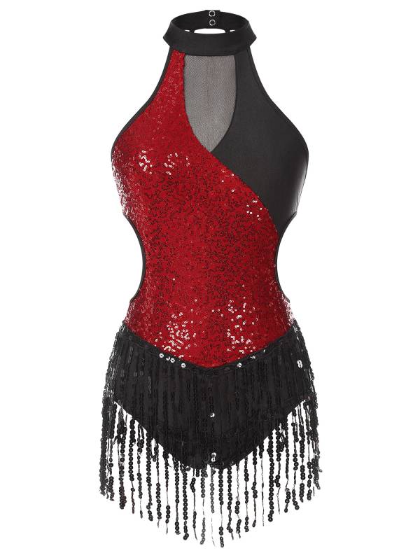 Women Sparkling Sequin Color Block Tassel Latin Dance Leotard thumb
