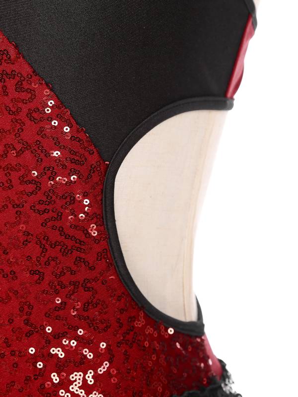 Women Sparkling Sequin Color Block Tassel Latin Dance Leotard thumb