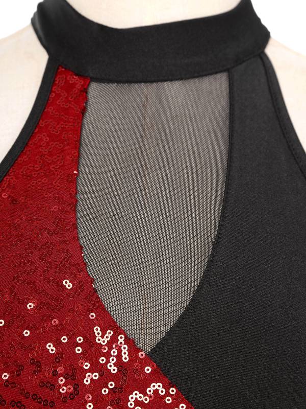 Women Sparkling Sequin Color Block Tassel Latin Dance Leotard thumb