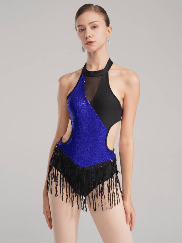 Women Sparkling Sequin Color Block Tassel Latin Dance Leotard thumb