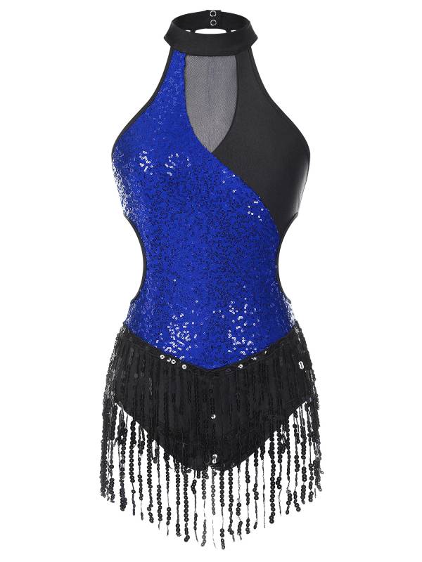 Women Sparkling Sequin Color Block Tassel Latin Dance Leotard thumb