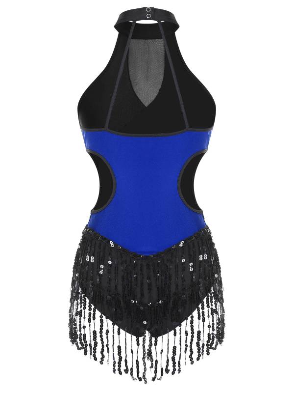 Women Sparkling Sequin Color Block Tassel Latin Dance Leotard thumb