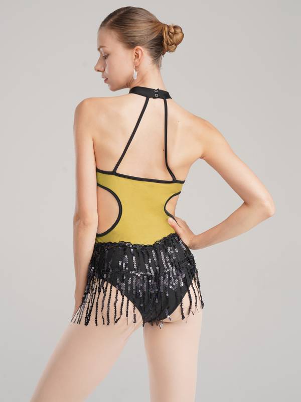 Women Sparkling Sequin Color Block Tassel Latin Dance Leotard thumb