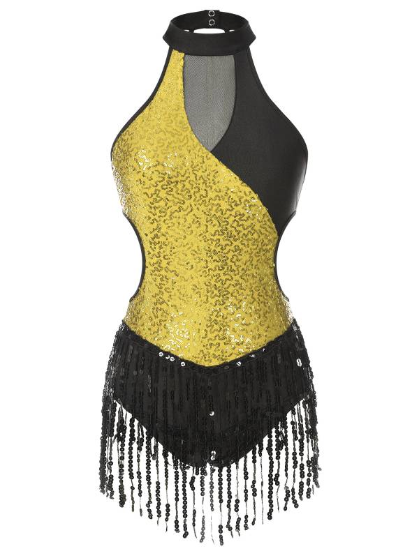 Women Sparkling Sequin Color Block Tassel Latin Dance Leotard thumb
