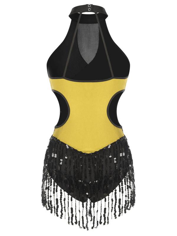 Women Sparkling Sequin Color Block Tassel Latin Dance Leotard thumb