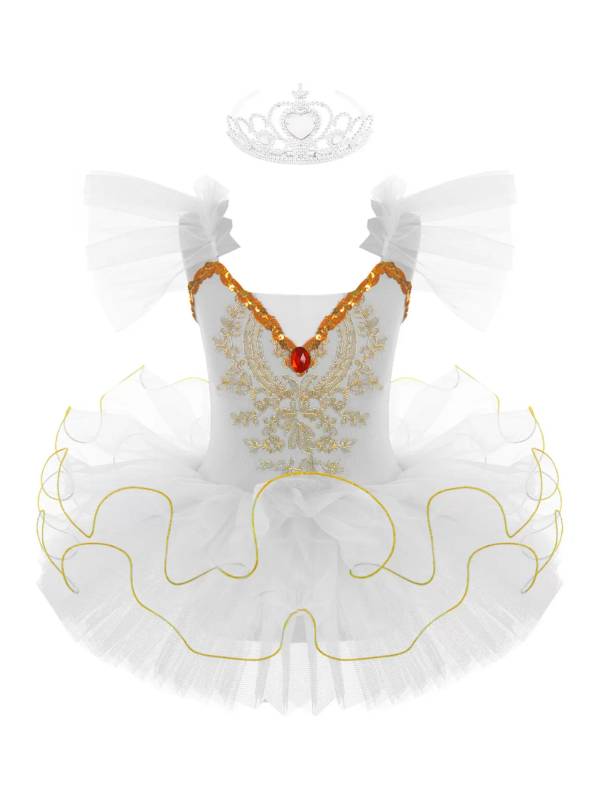 Kids Girls Ruffle Flutter Sleeve Sequin Ballet Dance Tutu Dress thumb