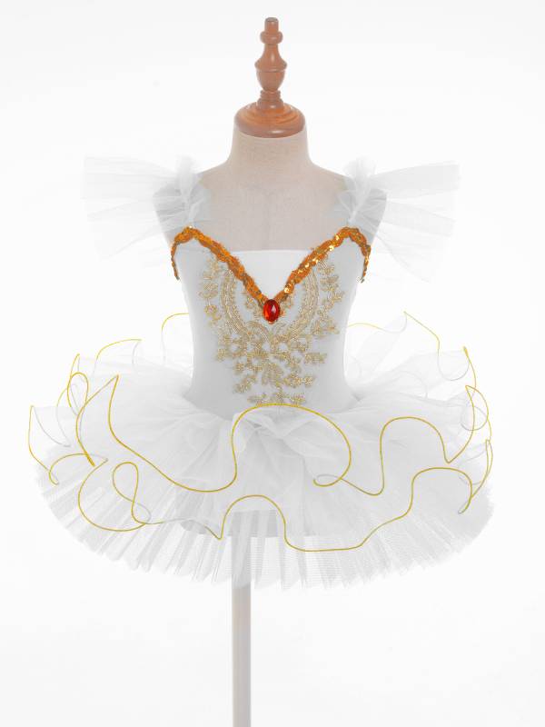 Kids Girls Ruffle Flutter Sleeve Sequin Ballet Dance Tutu Dress thumb