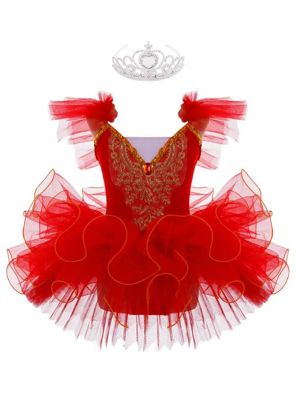 Kids Girls Ruffle Flutter Sleeve Sequin Ballet Dance Tutu Dress thumb
