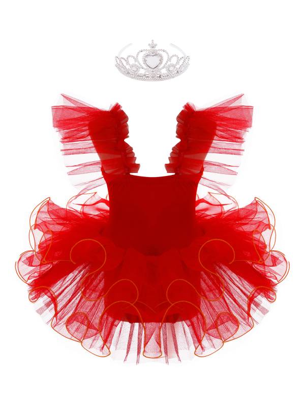Kids Girls Ruffle Flutter Sleeve Sequin Ballet Dance Tutu Dress thumb