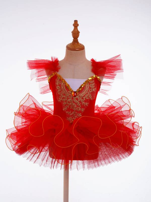 Kids Girls Ruffle Flutter Sleeve Sequin Ballet Dance Tutu Dress thumb