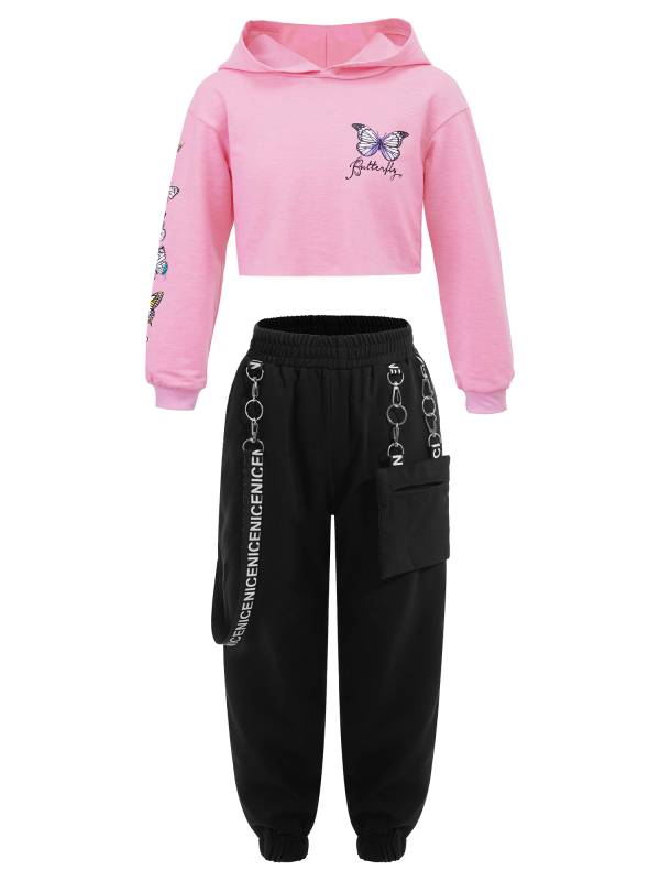 Kids Girls 2pcs Butterfly Printed Cropped Hoodies and Pants Sets thumb