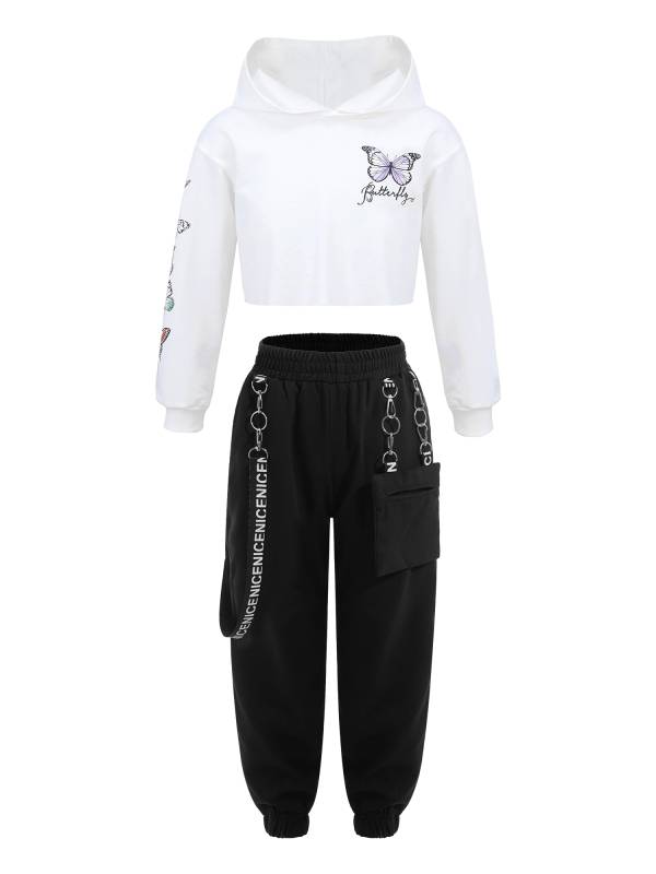 Kids Girls 2pcs Butterfly Printed Cropped Hoodies and Pants Sets thumb