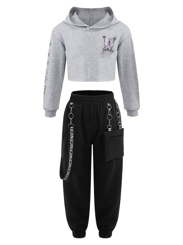 Kids Girls 2pcs Butterfly Printed Cropped Hoodies and Pants Sets thumb