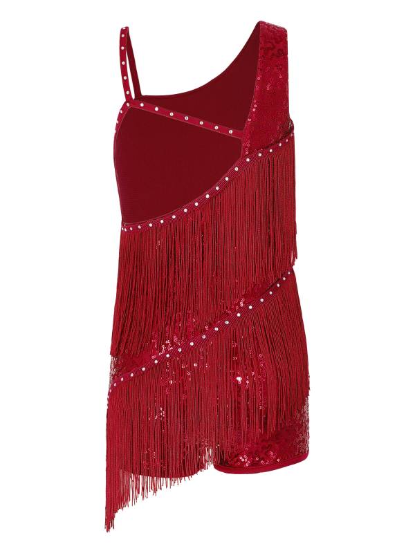 Kids Girls Sleeveless Sequins Tassels Latin Dance Leotards thumb