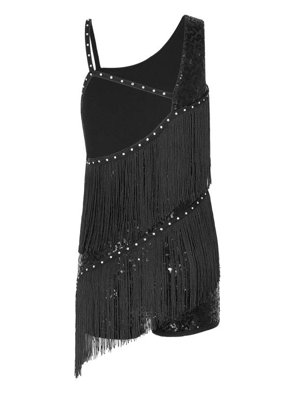 Kids Girls Sleeveless Sequins Tassels Latin Dance Leotards thumb