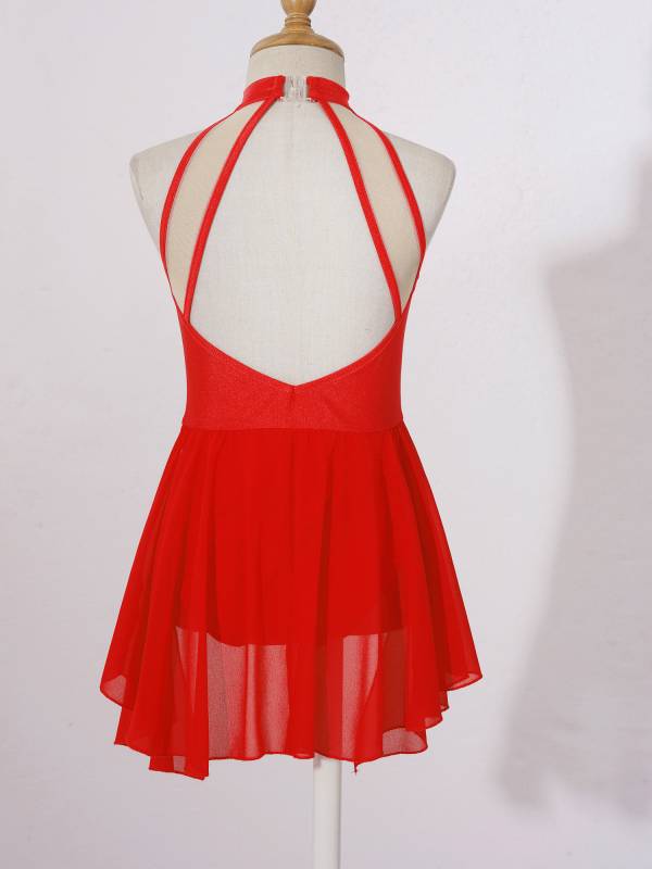 Kids Girls Sleeveless Backless Sequins Beading Skating Dance Dress thumb