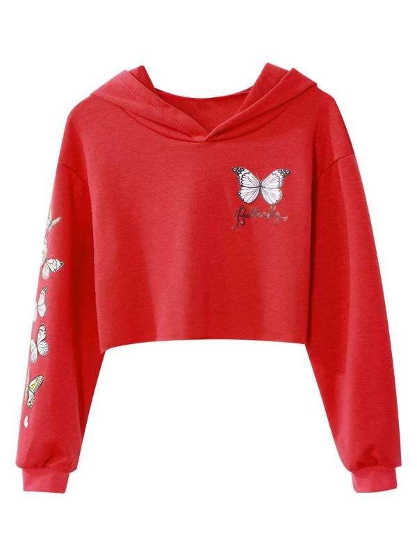 Kids Girls Long Sleeves Butterfly Print Cropped Hoodies thumb