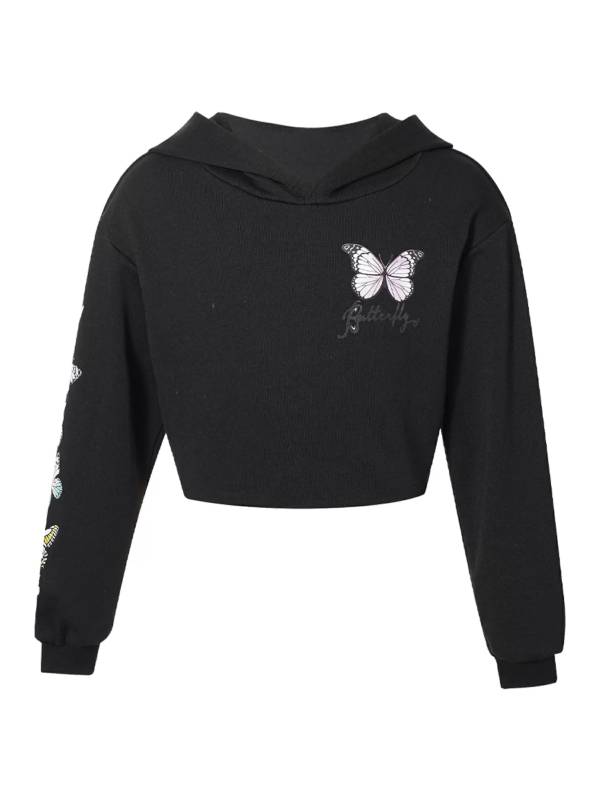 Kids Girls Long Sleeves Butterfly Print Cropped Hoodies thumb