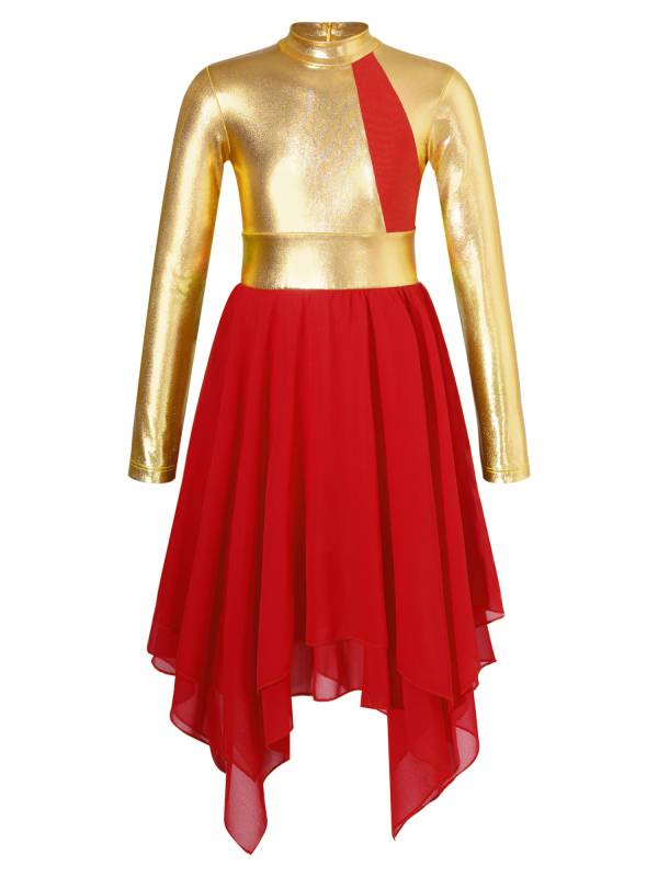Kids Girls Long Sleeve Metallic Colorblock Asymmetrical Worship Dance Dress thumb