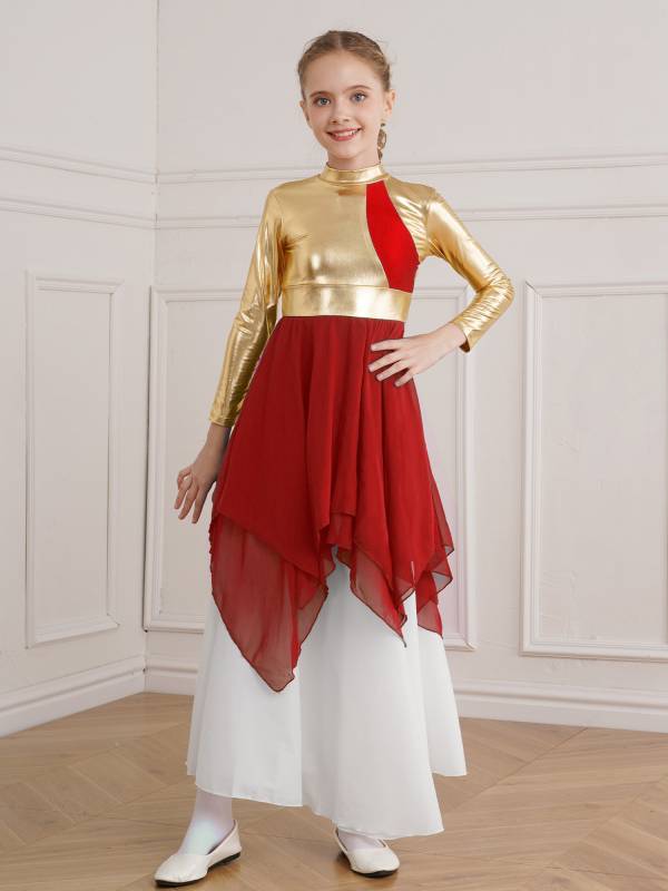 Kids Girls Long Sleeve Metallic Colorblock Asymmetrical Worship Dance Dress thumb