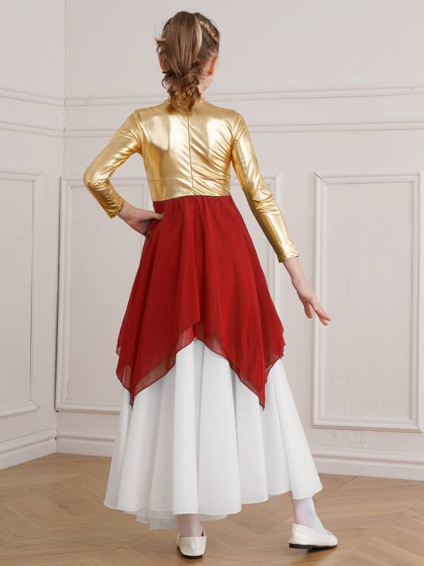 Kids Girls Long Sleeve Metallic Colorblock Asymmetrical Worship Dance Dress thumb