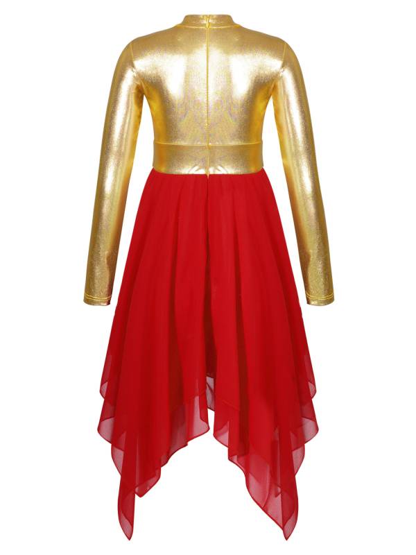 Kids Girls Long Sleeve Metallic Colorblock Asymmetrical Worship Dance Dress thumb