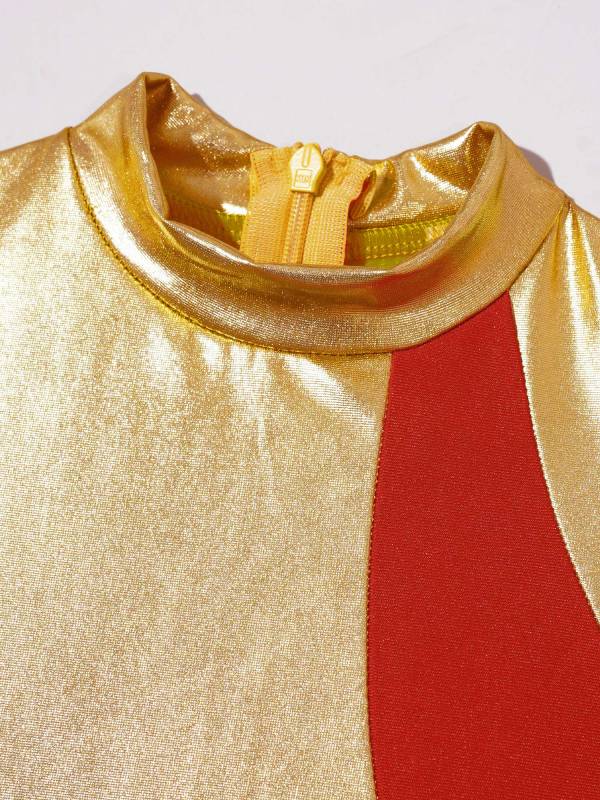 Kids Girls Long Sleeve Metallic Colorblock Asymmetrical Worship Dance Dress thumb