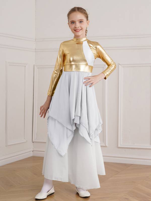 Kids Girls Long Sleeve Metallic Colorblock Asymmetrical Worship Dance Dress thumb
