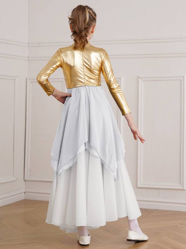 Kids Girls Long Sleeve Metallic Colorblock Asymmetrical Worship Dance Dress thumb