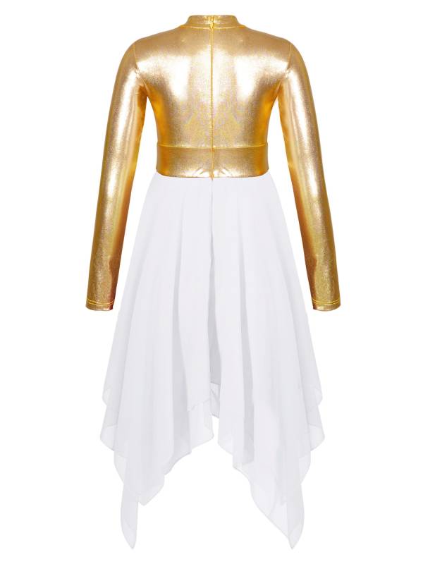 Kids Girls Long Sleeve Metallic Colorblock Asymmetrical Worship Dance Dress thumb