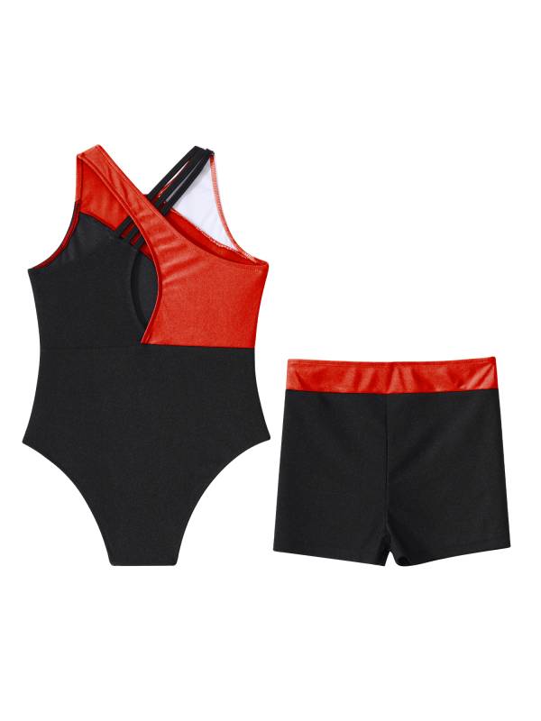 Kids Girls 2pcs Sleeveless Gymnastics Leotards and Shorts Dance Set thumb