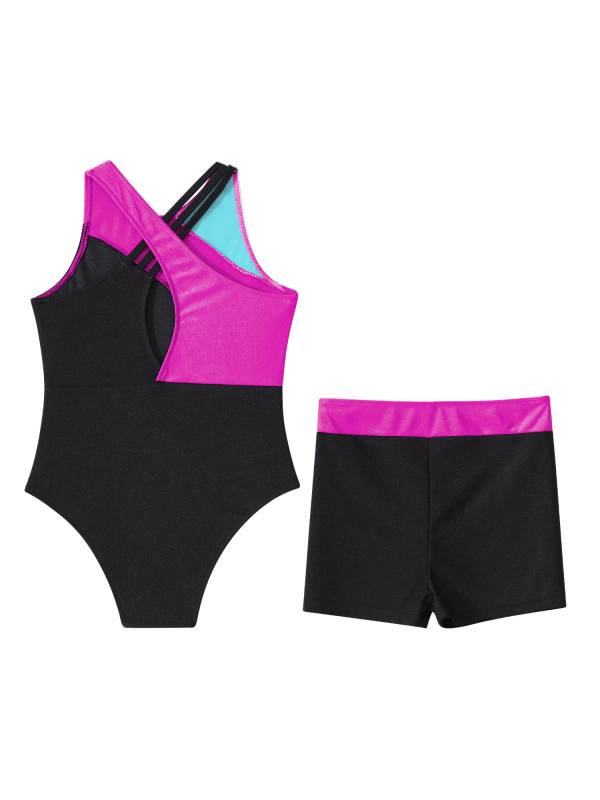 Kids Girls 2pcs Sleeveless Gymnastics Leotards and Shorts Dance Set thumb