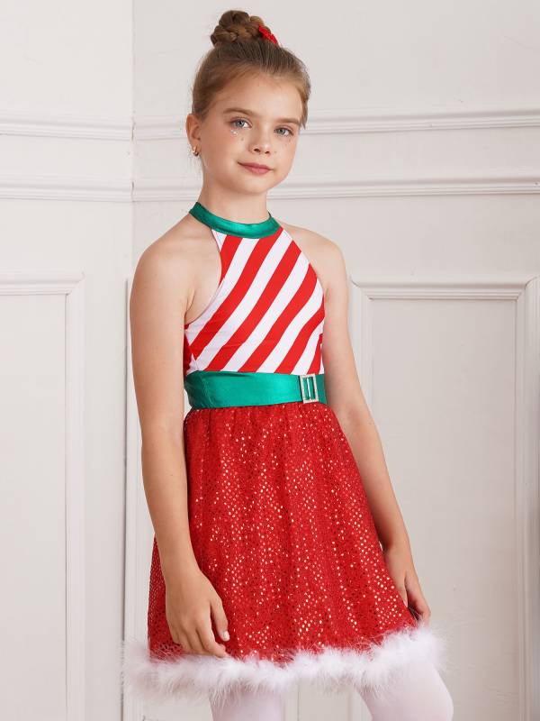 Kids Girls Christmas Halter Neck Sleeveless Sequins Stripe Feather Trim Dress thumb