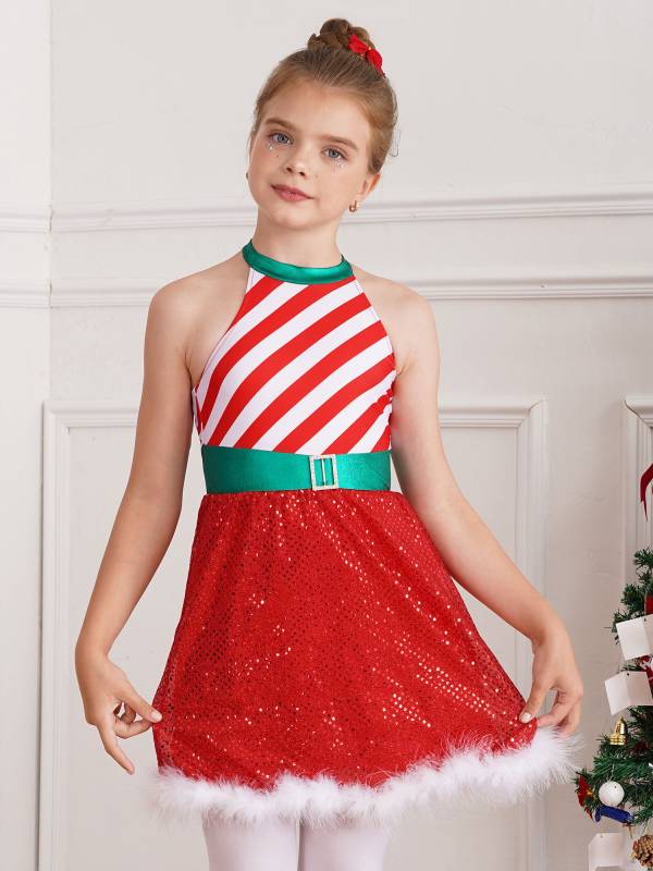 Kids Girls Christmas Halter Neck Sleeveless Sequins Stripe Feather Trim Dress thumb