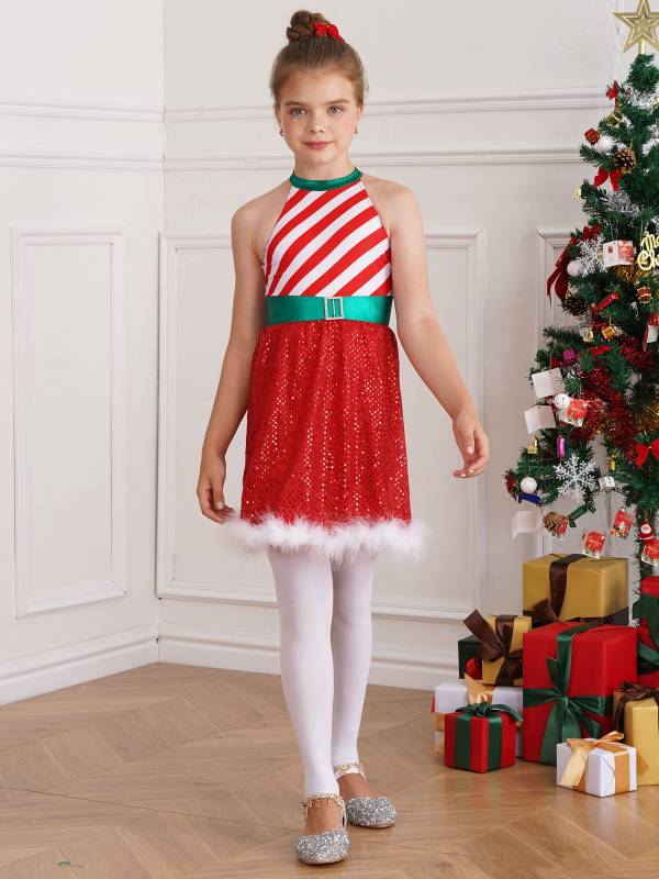 Kids Girls Christmas Halter Neck Sleeveless Sequins Stripe Feather Trim Dress thumb