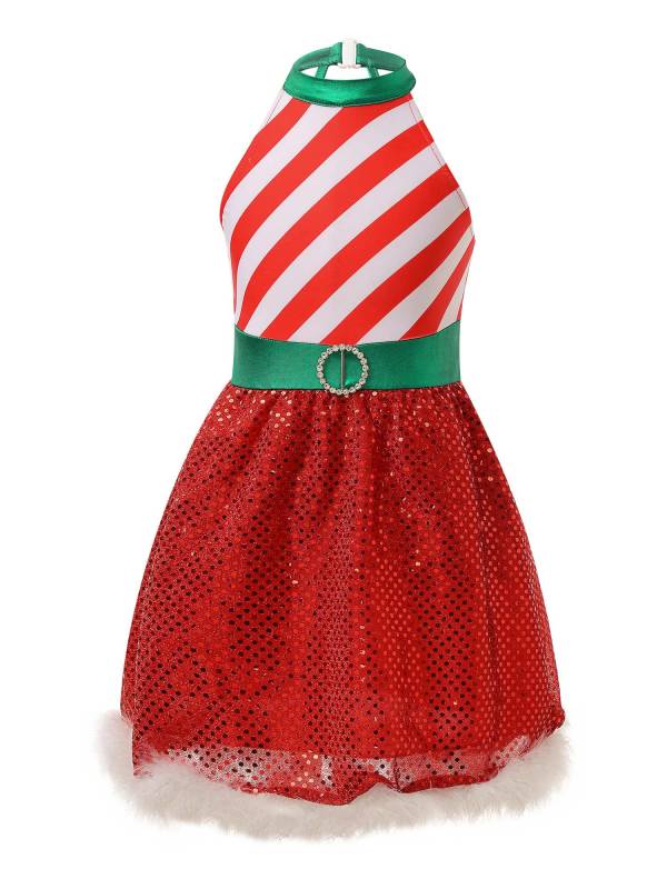 Kids Girls Christmas Halter Neck Sleeveless Sequins Stripe Feather Trim Dress thumb