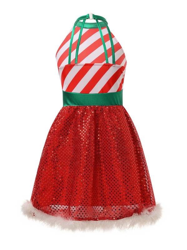 Kids Girls Christmas Halter Neck Sleeveless Sequins Stripe Feather Trim Dress thumb