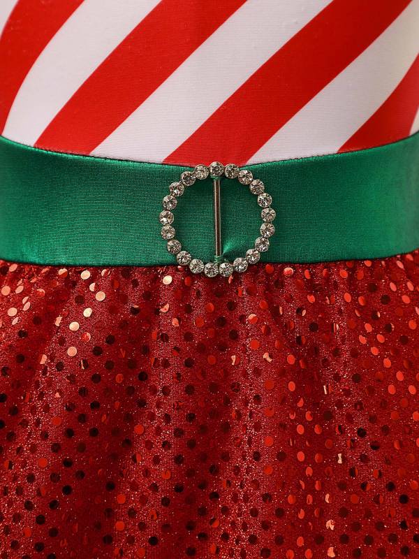 Kids Girls Christmas Halter Neck Sleeveless Sequins Stripe Feather Trim Dress thumb