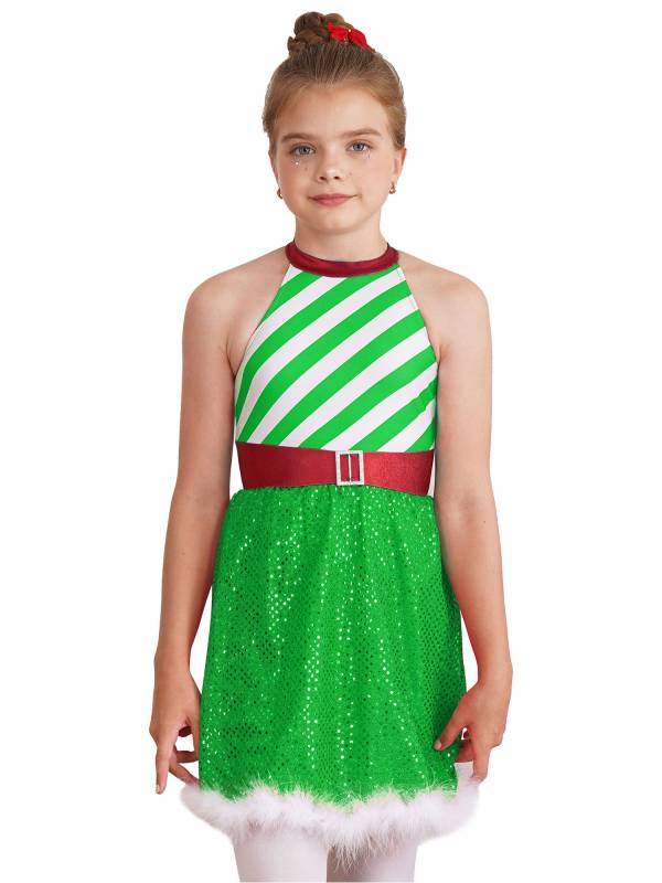 Kids Girls Christmas Halter Neck Sleeveless Sequins Stripe Feather Trim Dress thumb
