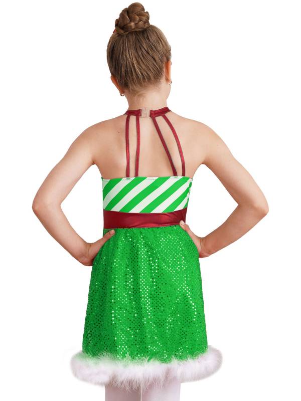 Kids Girls Christmas Halter Neck Sleeveless Sequins Stripe Feather Trim Dress thumb