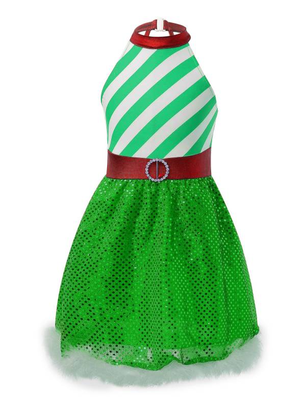 Kids Girls Christmas Halter Neck Sleeveless Sequins Stripe Feather Trim Dress thumb