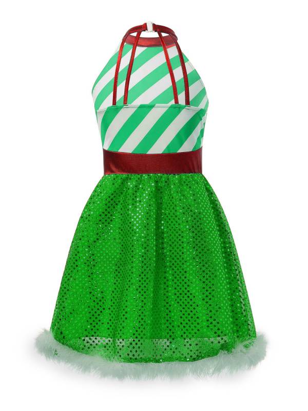 Kids Girls Christmas Halter Neck Sleeveless Sequins Stripe Feather Trim Dress thumb