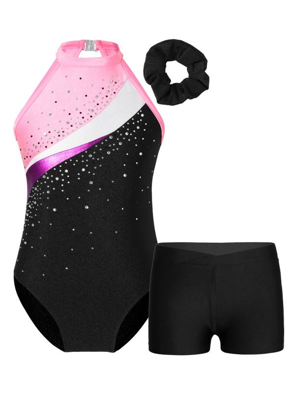 Kids Girls 3pcs Sleeveless Rhinestone Leotards with Shorts Sport Sets thumb