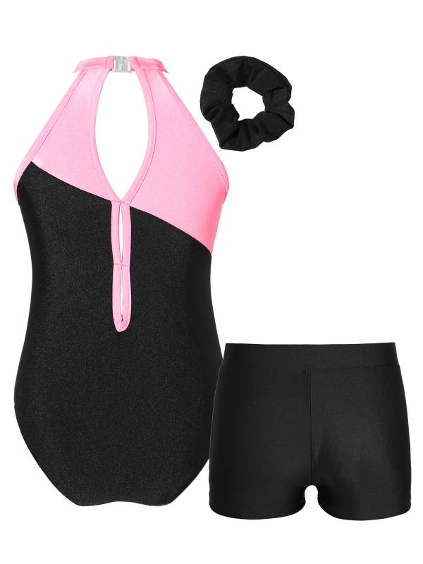 Kids Girls 3pcs Sleeveless Rhinestone Leotards with Shorts Sport Sets thumb