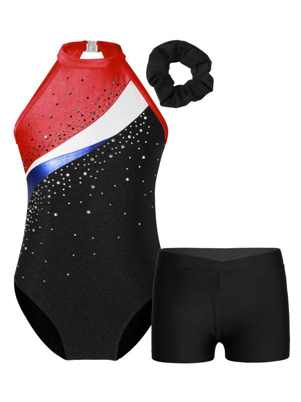 Kids Girls 3pcs Sleeveless Rhinestone Leotards with Shorts Sport Sets thumb