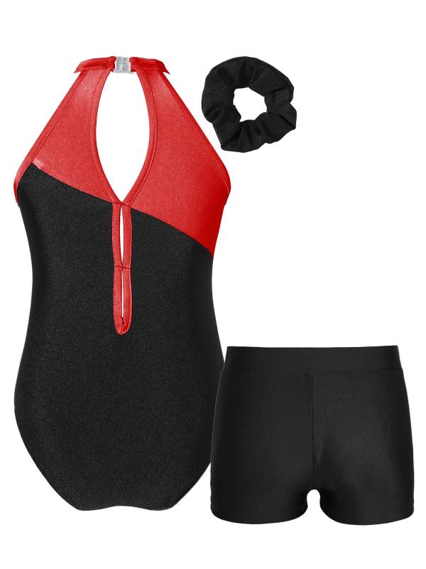 Kids Girls 3pcs Sleeveless Rhinestone Leotards with Shorts Sport Sets thumb