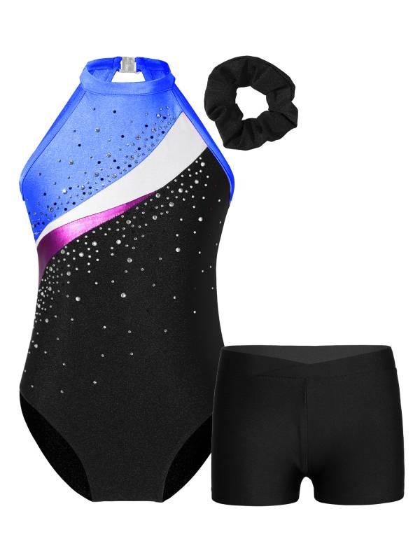 Kids Girls 3pcs Sleeveless Rhinestone Leotards with Shorts Sport Sets thumb