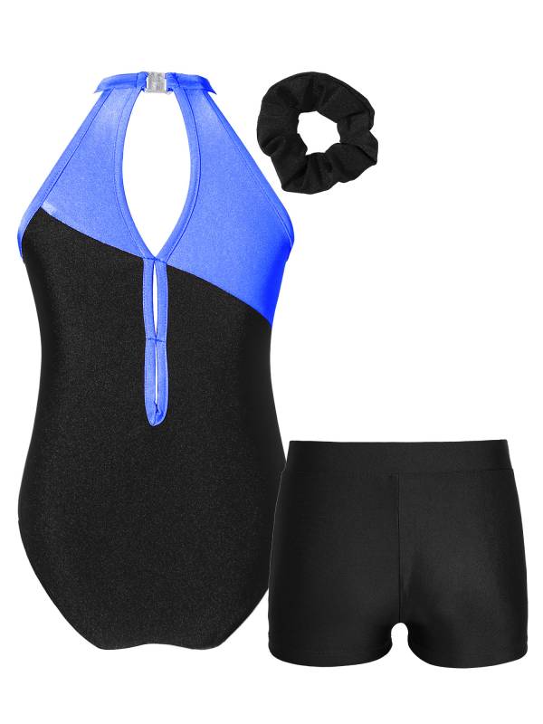 Kids Girls 3pcs Sleeveless Rhinestone Leotards with Shorts Sport Sets thumb
